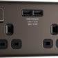 British General BRITISH GENERAL NEXUS METAL 13A 2-GANG SP SWITCHED SOCKET + 3.1A 15.5W 2-OUTLET TYPE A USB CHARGER