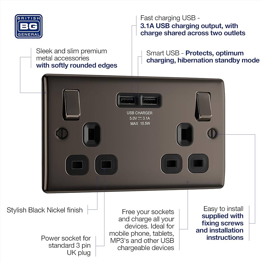 British General BRITISH GENERAL NEXUS METAL 13A 2-GANG SP SWITCHED SOCKET + 3.1A 15.5W 2-OUTLET TYPE A USB CHARGER