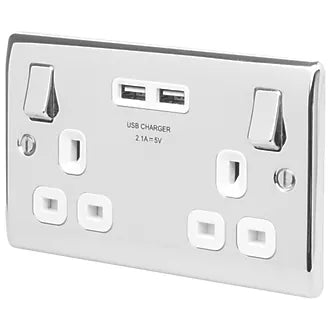 British General BRITISH GENERAL NEXUS METAL 13A 2-GANG SP SWITCHED SOCKET + 3.1A 15.5W 2-OUTLET TYPE A USB CHARGER