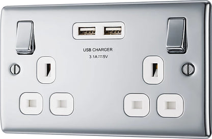 British General BRITISH GENERAL NEXUS METAL 13A 2-GANG SP SWITCHED SOCKET + 3.1A 15.5W 2-OUTLET TYPE A USB CHARGER