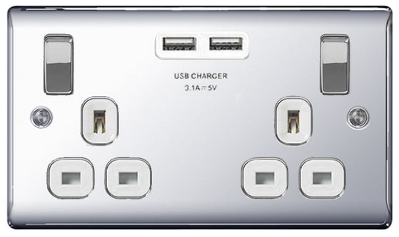 British General BRITISH GENERAL NEXUS METAL 13A 2-GANG SP SWITCHED SOCKET + 3.1A 15.5W 2-OUTLET TYPE A USB CHARGER